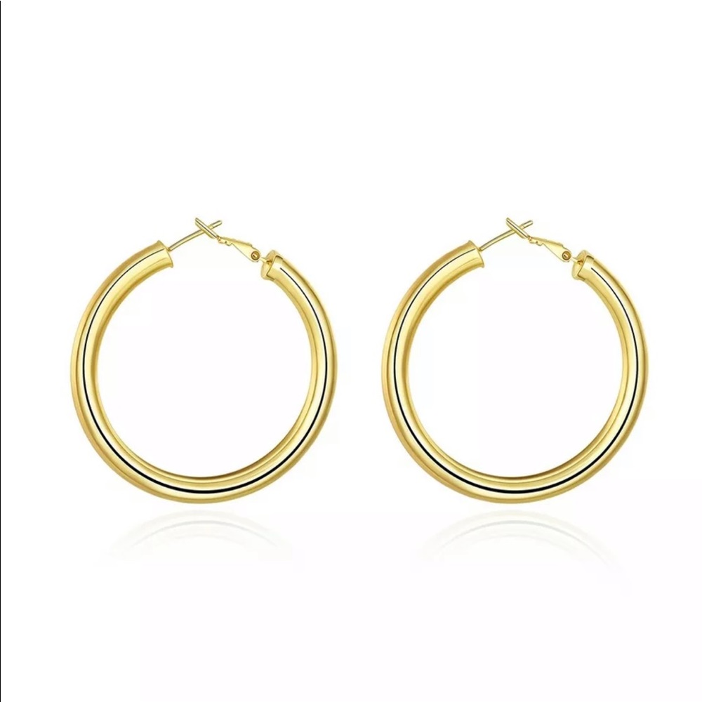 New Yellow GP thick Light Weight Hoop Earrings - Picture 2 of 7
